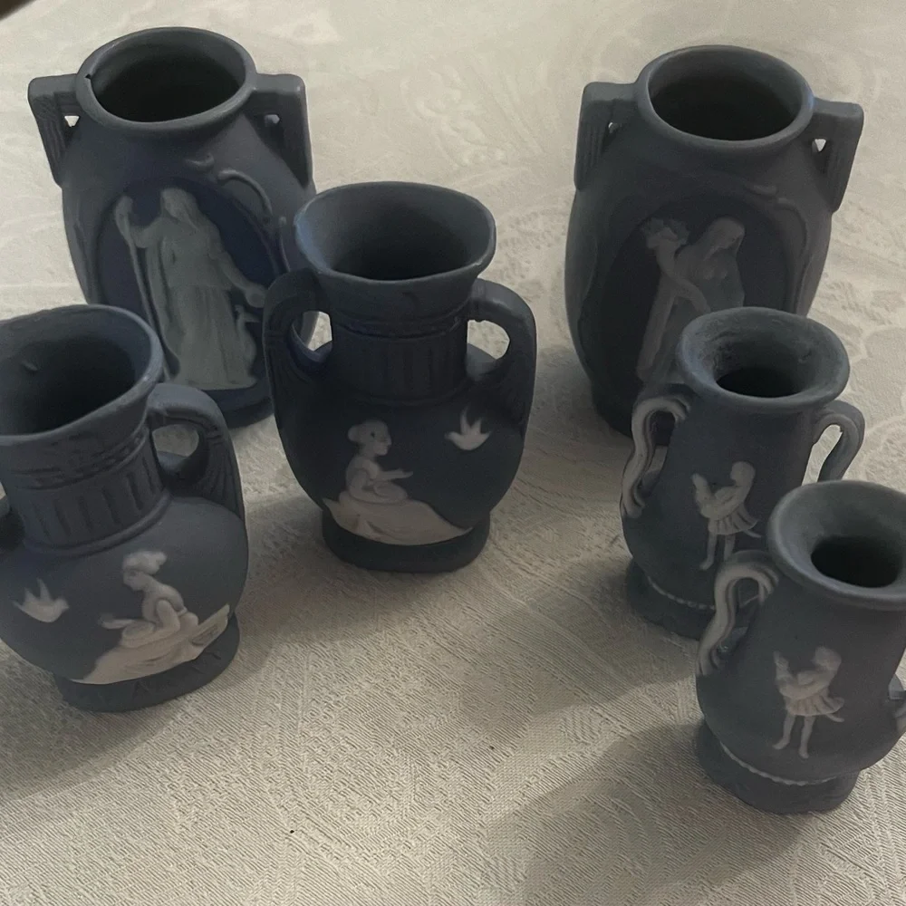 Mini Blue Vases with White Accents. Set of 6